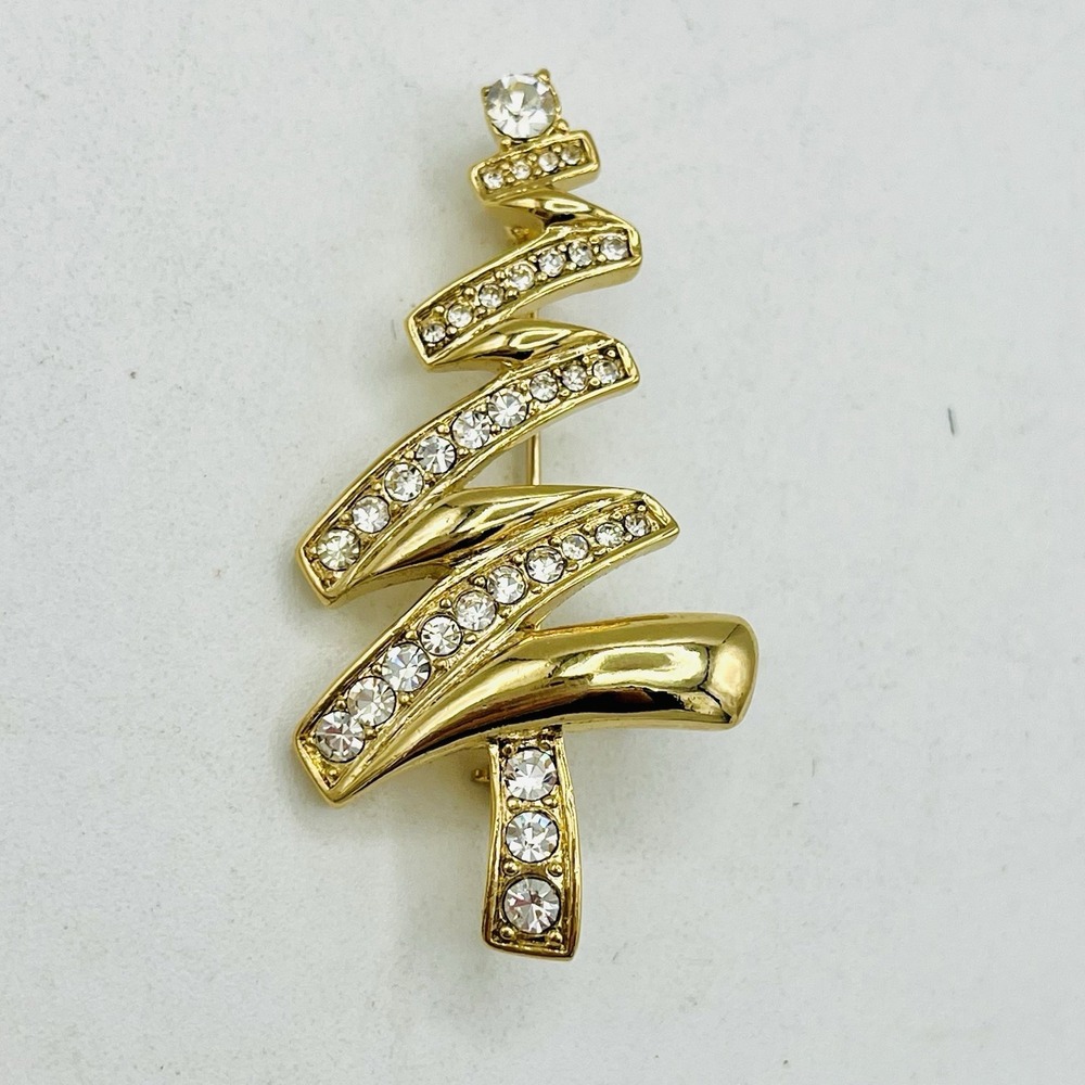 Vintage MONET Swarovski Crystal Christmas Tree Pin Brooch Zig Zag Gold Tone